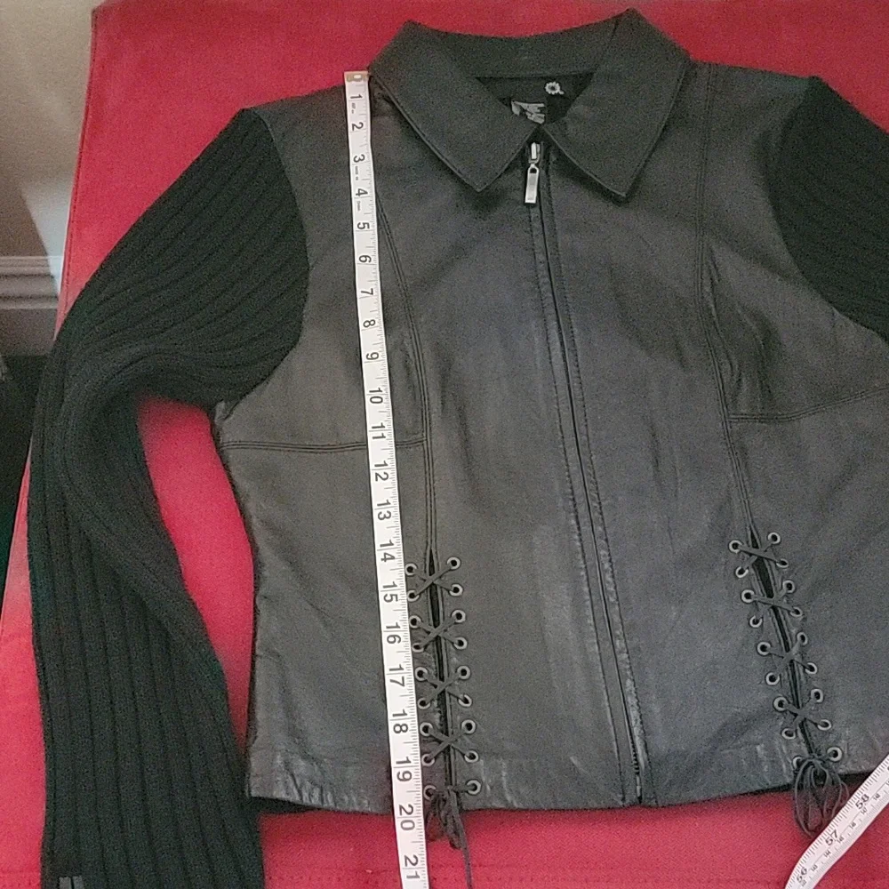 Leather & Wool Blend Knit Bikercore Moto Jacket Black size L - Picture 13 of 14
